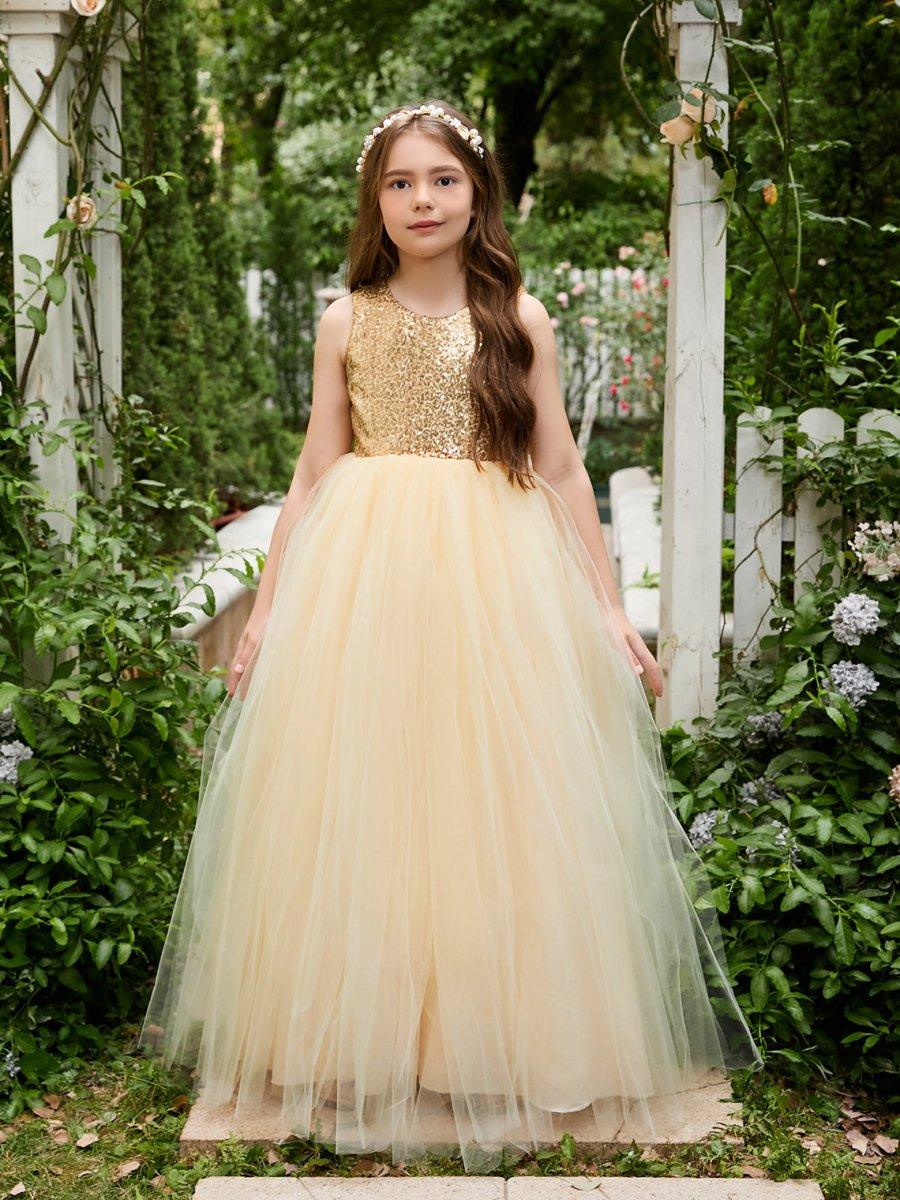 Ball-Gown/Princess Tulle Floor-length Champagne Flower Girl Dress - VelvetHem