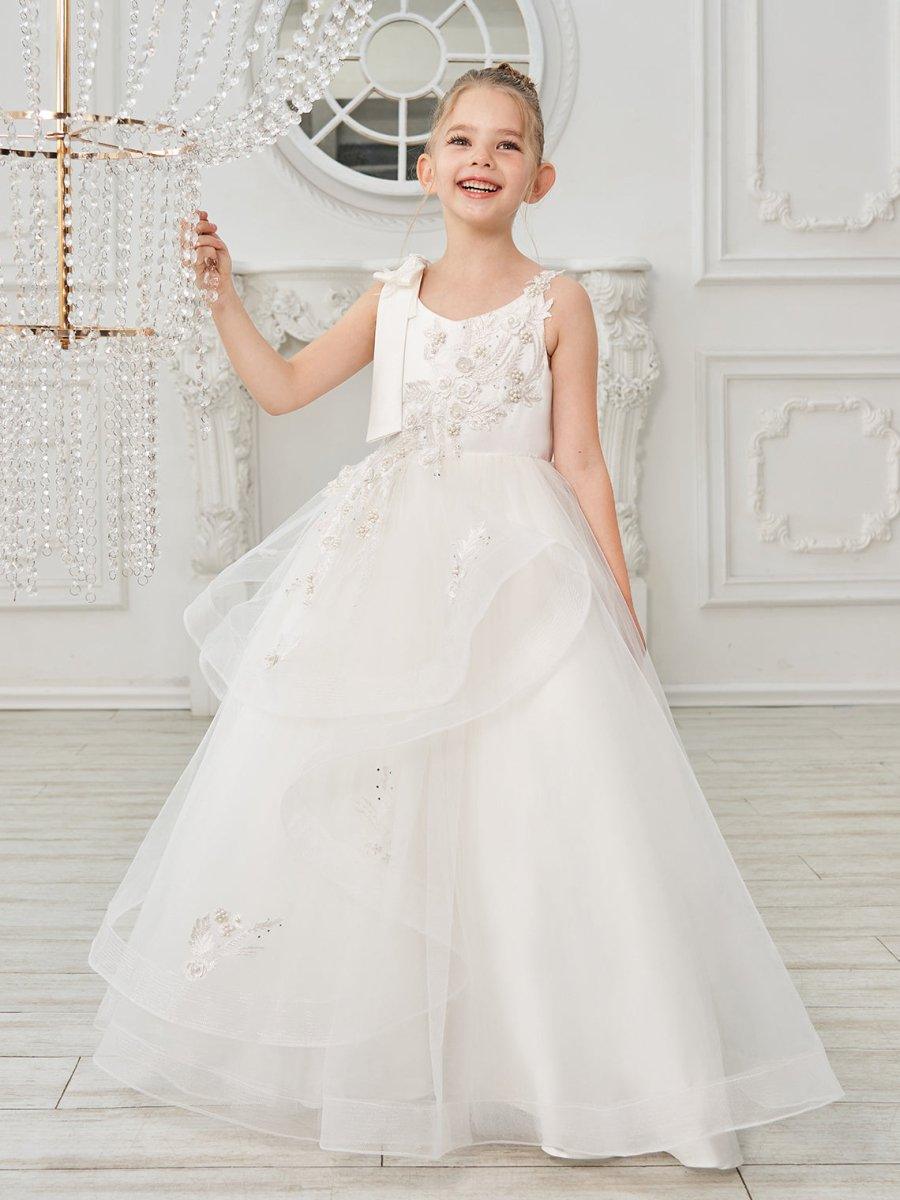 Ball-Gown/Princess Tulle Floor-length First Communion Flower Girl Dress