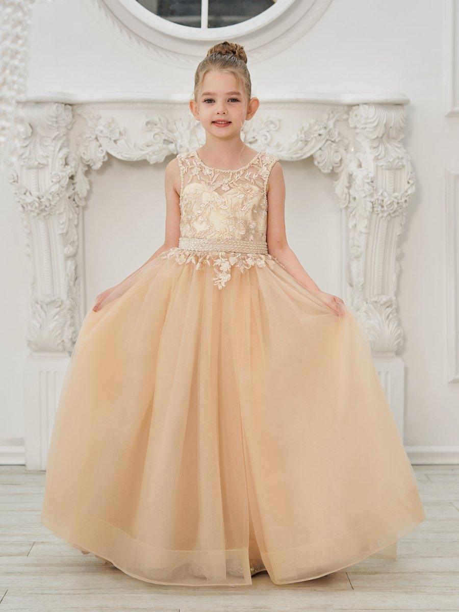Ball-Gown/Princess Tulle Sweep Train Champagne Flower Girl Dress - View 3 | VelvetHem