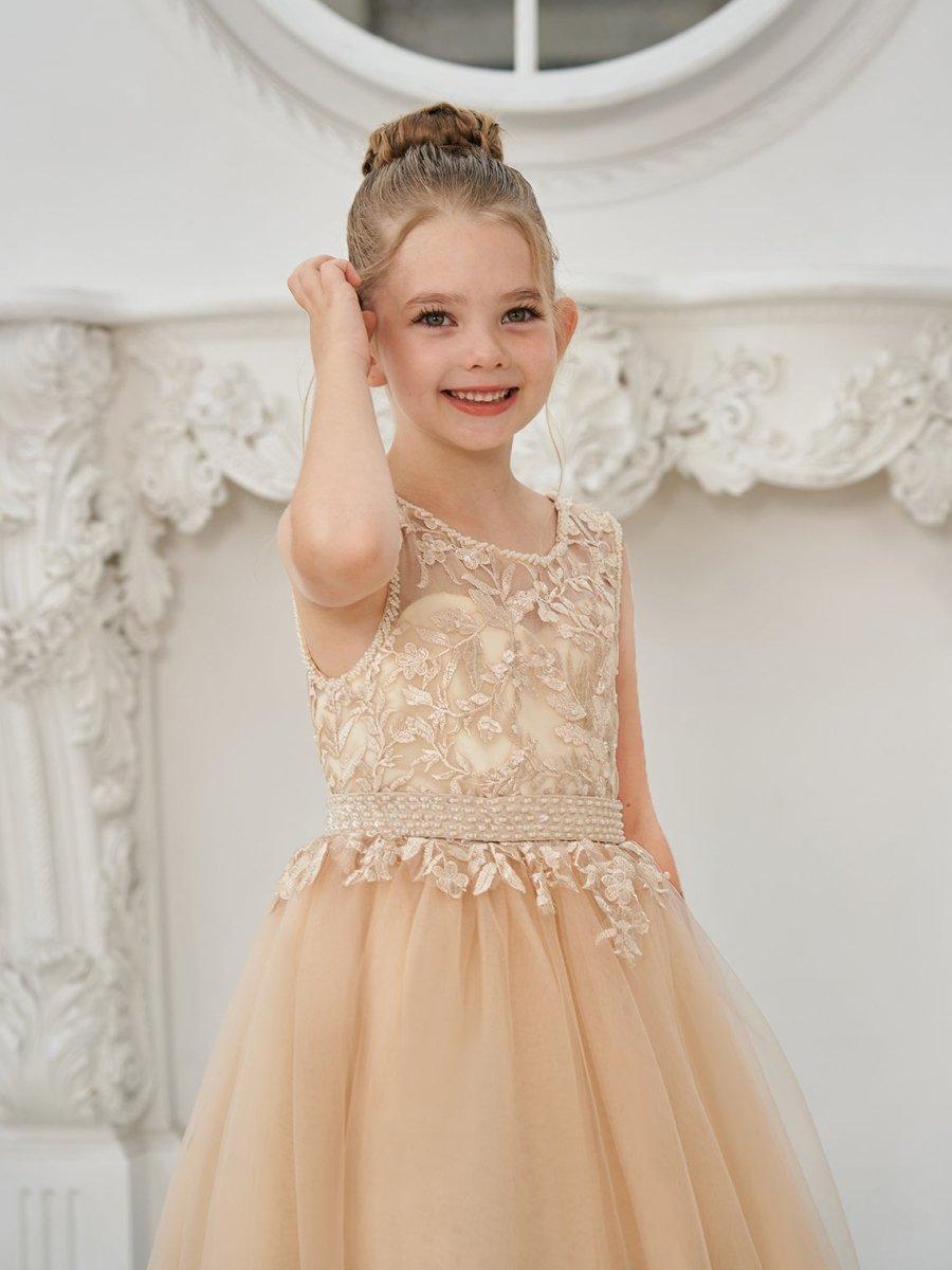 Ball-Gown/Princess Tulle Sweep Train Champagne Flower Girl Dress - View 10 | VelvetHem