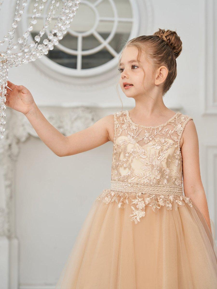 Ball-Gown/Princess Tulle Sweep Train Champagne Flower Girl Dress - View 9 | VelvetHem