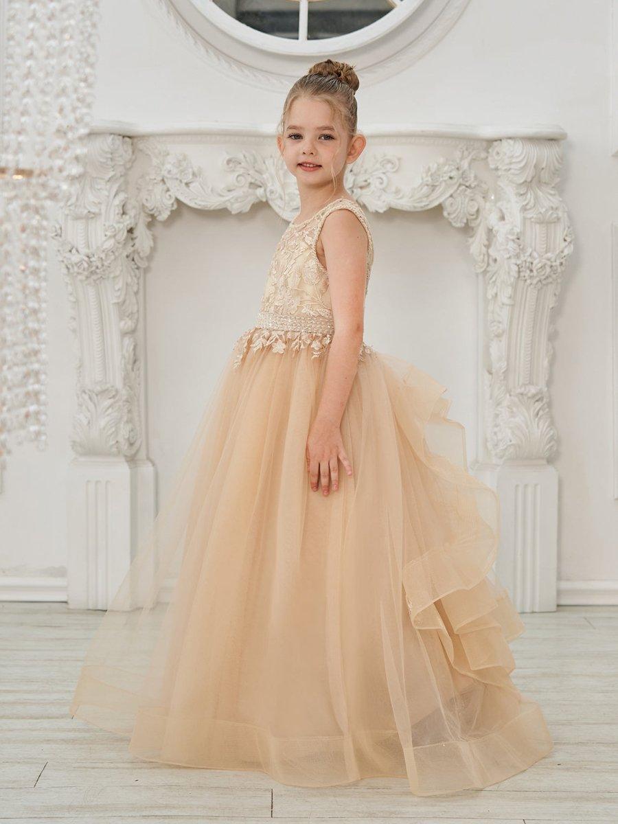Ball-Gown/Princess Tulle Sweep Train Champagne Flower Girl Dress - View 7 | VelvetHem