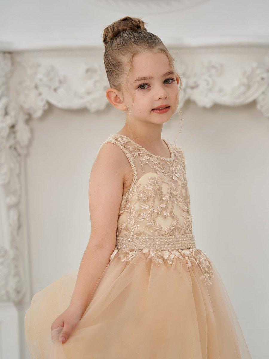 Ball-Gown/Princess Tulle Sweep Train Champagne Flower Girl Dress - View 6 | VelvetHem