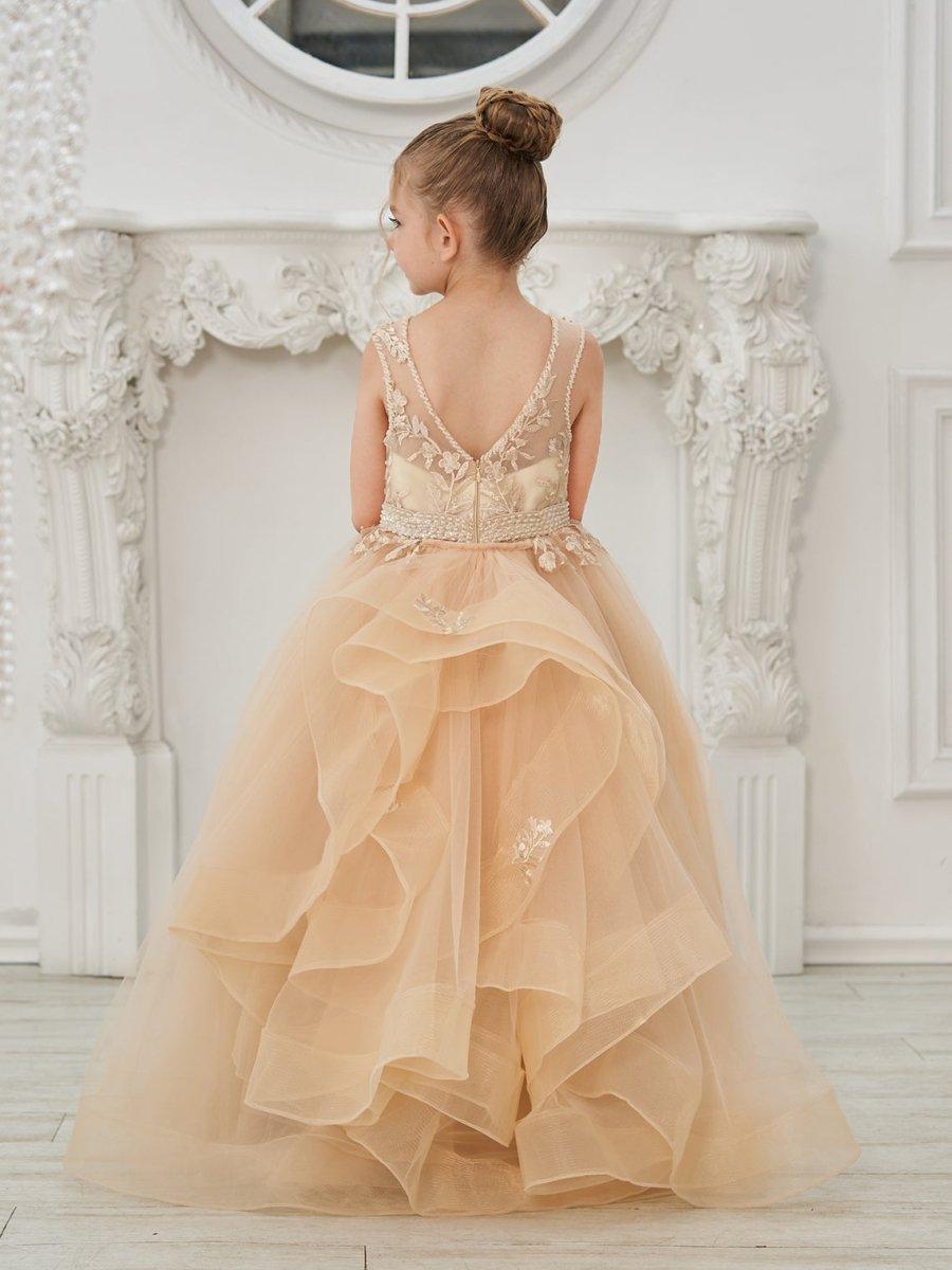 Ball-Gown/Princess Tulle Sweep Train Champagne Flower Girl Dress - View 8 | VelvetHem