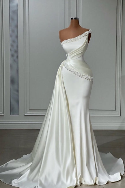 Ballbella Chic Sleeveless Wedding Gowns With Beads Long White One-Shoulder
