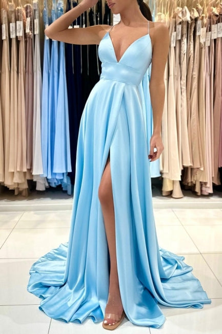 Ballbella Chic V-Neck Sleeveless Satin Evening Dress With Slit Long Blue