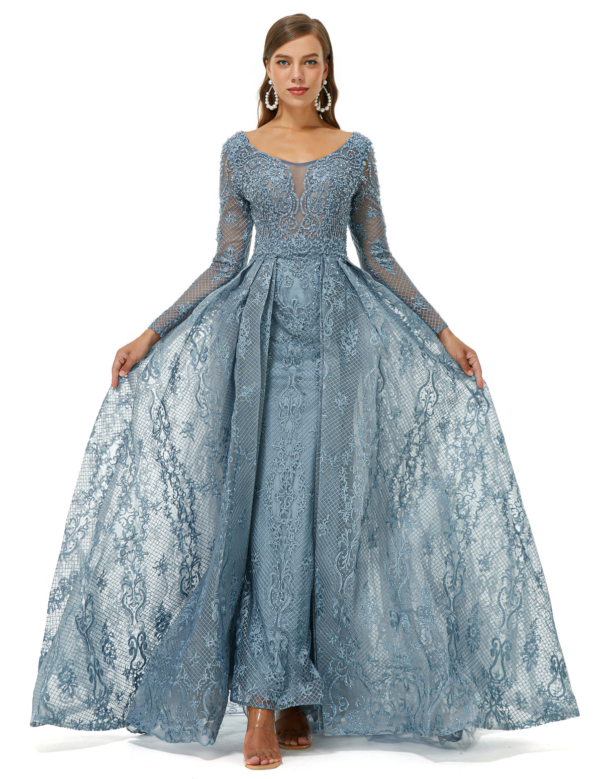 Ballbella Design | Sparkle Dusty Blue Beaded Mermaid Long sleeves Prom Dresses with Overskirt
