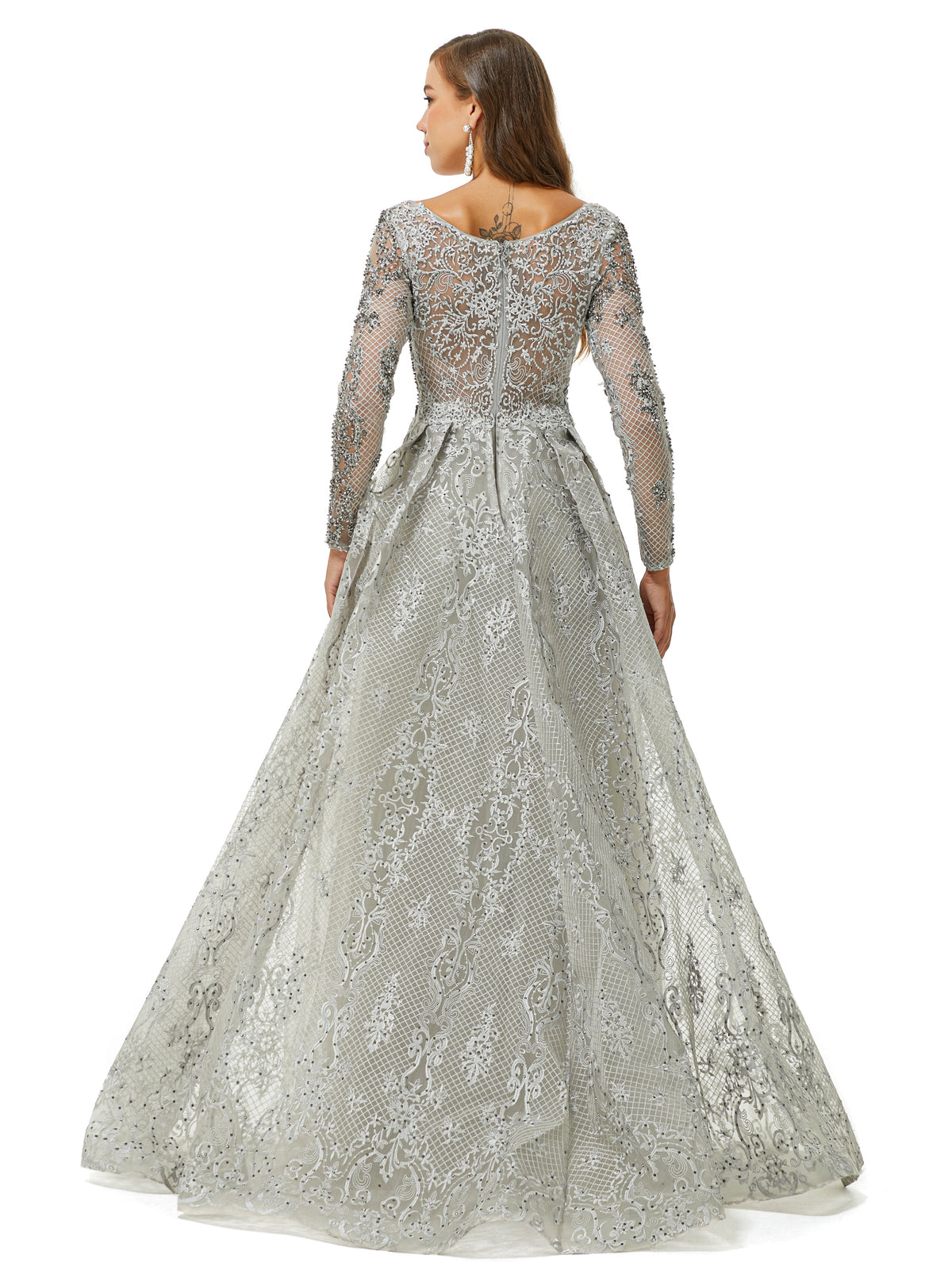Ballbella Design | Sparkle Dusty Blue Beaded Mermaid Long sleeves Prom Dresses with Overskirt