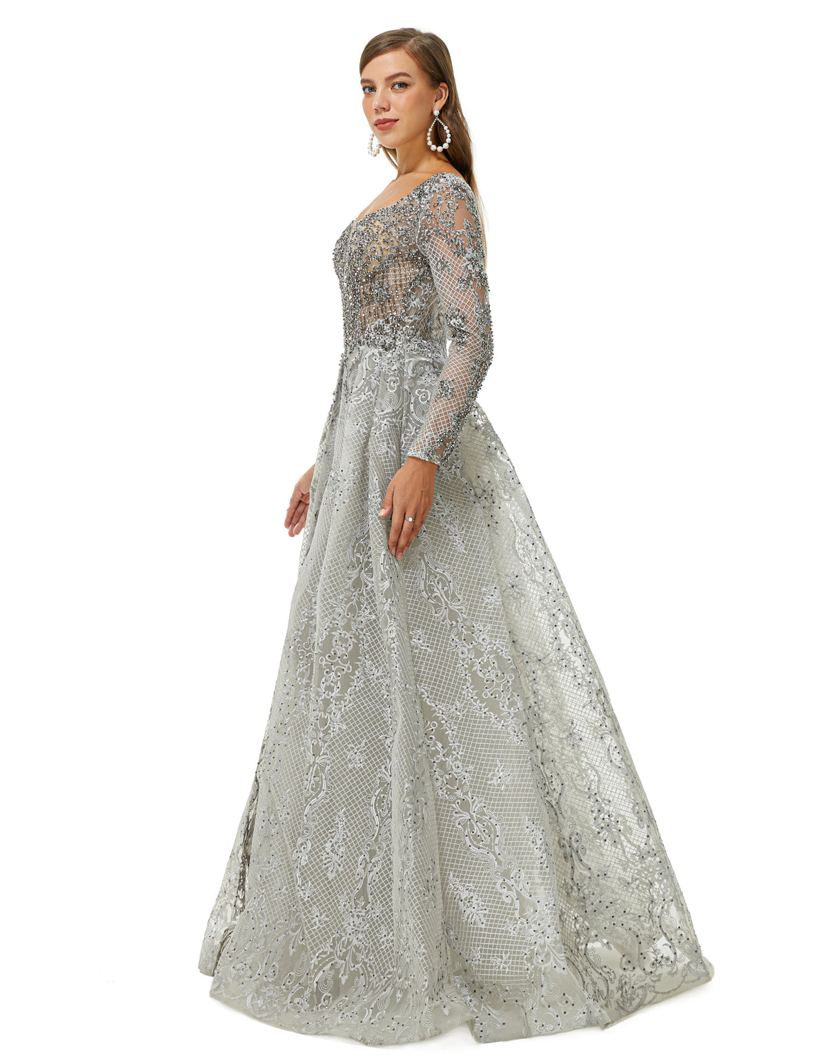 Ballbella Design | Sparkle Dusty Blue Beaded Mermaid Long sleeves Prom Dresses with Overskirt