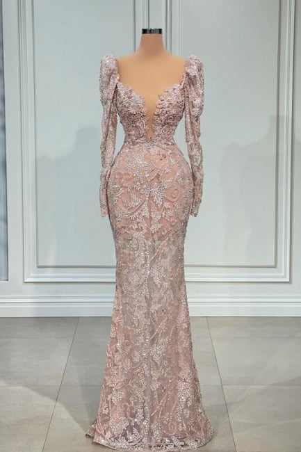Ballbella Designer Pink V-Neck Lace Mermaid Prom Dress Evening Gowns With Long Sleeves