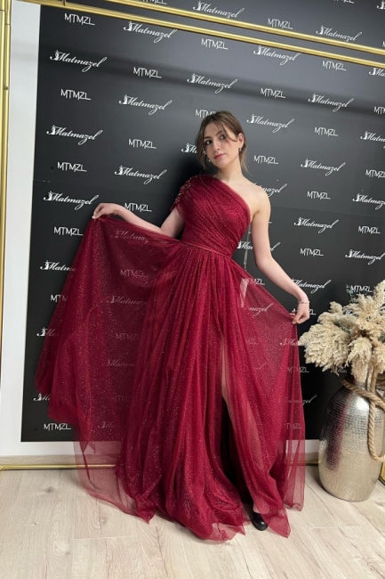 Ballbella Fabulous Burgundy One-Shoulder Sleeveless Prom Dress With Slit Long Glitter