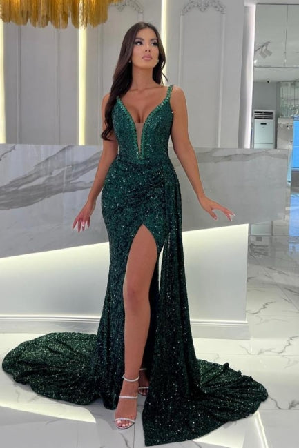 Ballbella Long Dark Green Straps Sweetheart Column Slit Front Evening Dress with Sequins