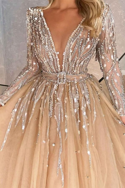 Ballbella Luxurious V-neck Ball Gown Prom Dresses With Beads Long Sleeves