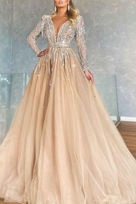 Ballbella Luxurious V-neck Ball Gown Prom Dresses With Beads Long Sleeves