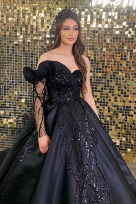 Ballbella Modern Black Wedding Gowns With Beads With Long Sleeve
