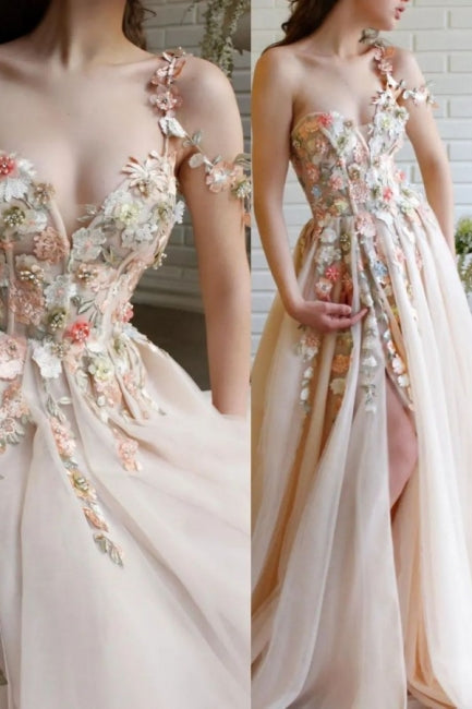 Ballbella Modern One-Shoulder Flowers Prom Dress With Slit Long