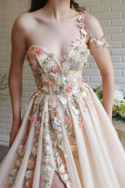 Ballbella Modern One-Shoulder Flowers Prom Dress With Slit Long