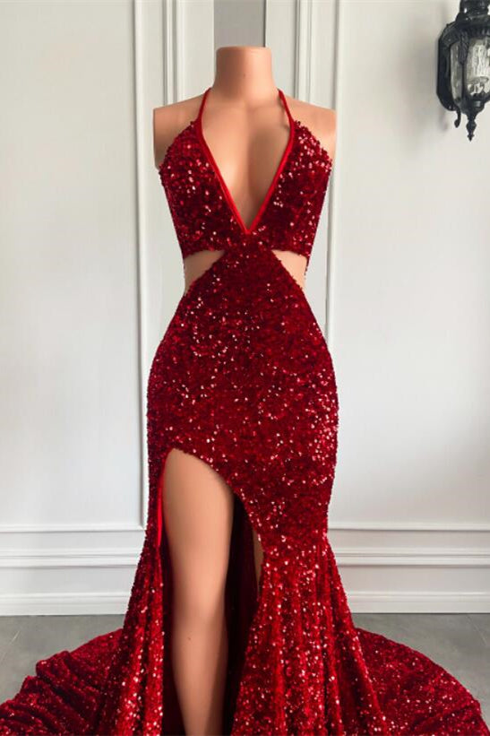 Ballbella Red Sequins Prom Dress High Slit Halter