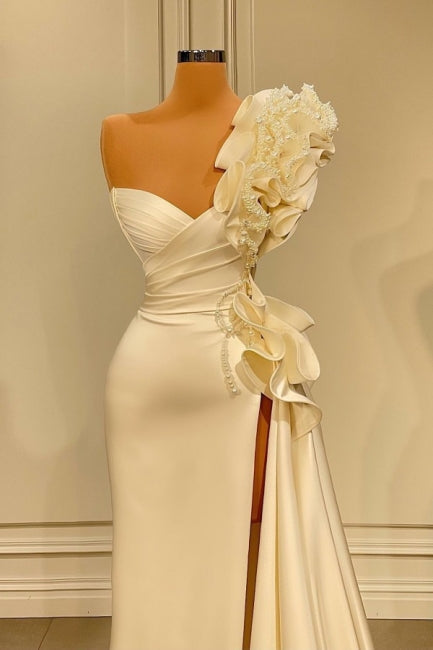 Ballbella Sparkly Ruffles Split Wedding Dress With Glitter Long White One-Shoulder