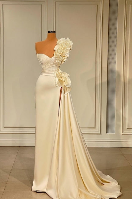 Ballbella Sparkly Ruffles Split Wedding Dress With Glitter Long White One-Shoulder