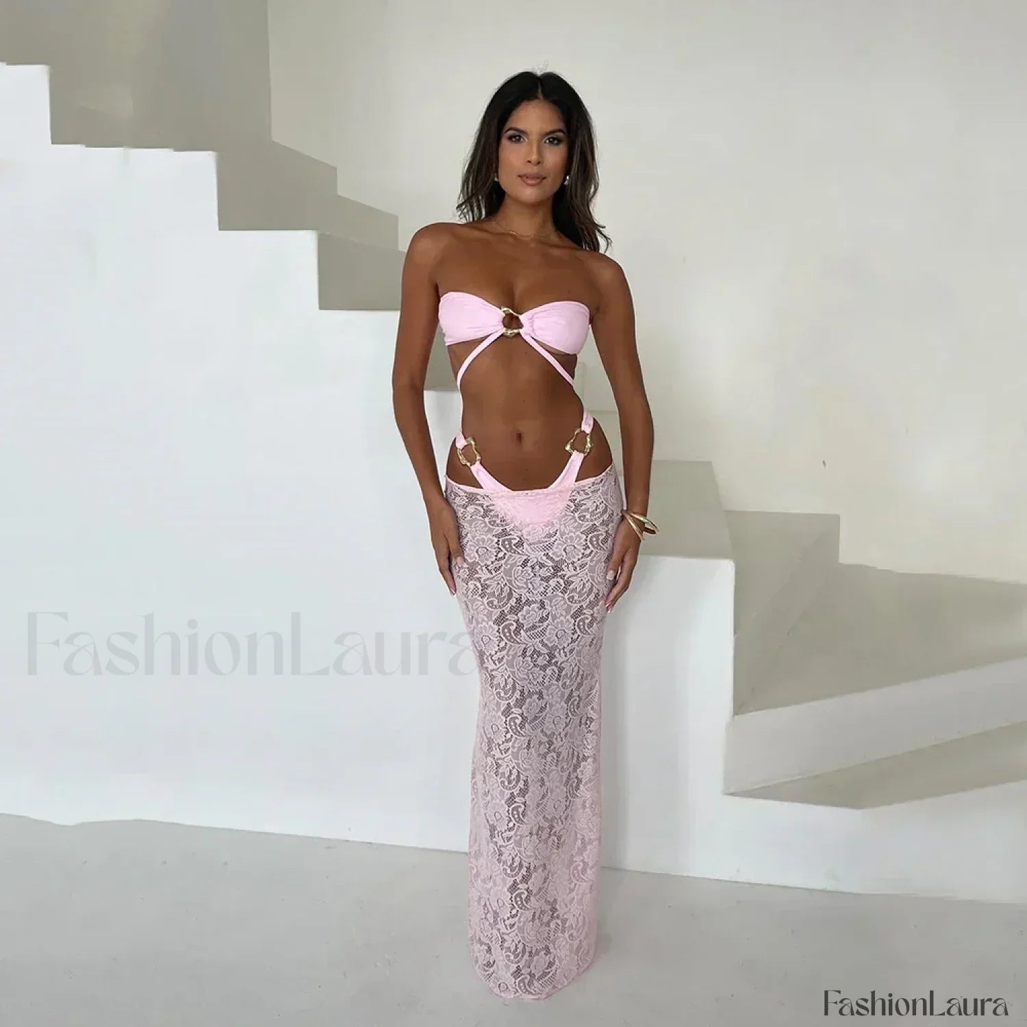 Bandeau Long Dress Bikini Three Piece Set