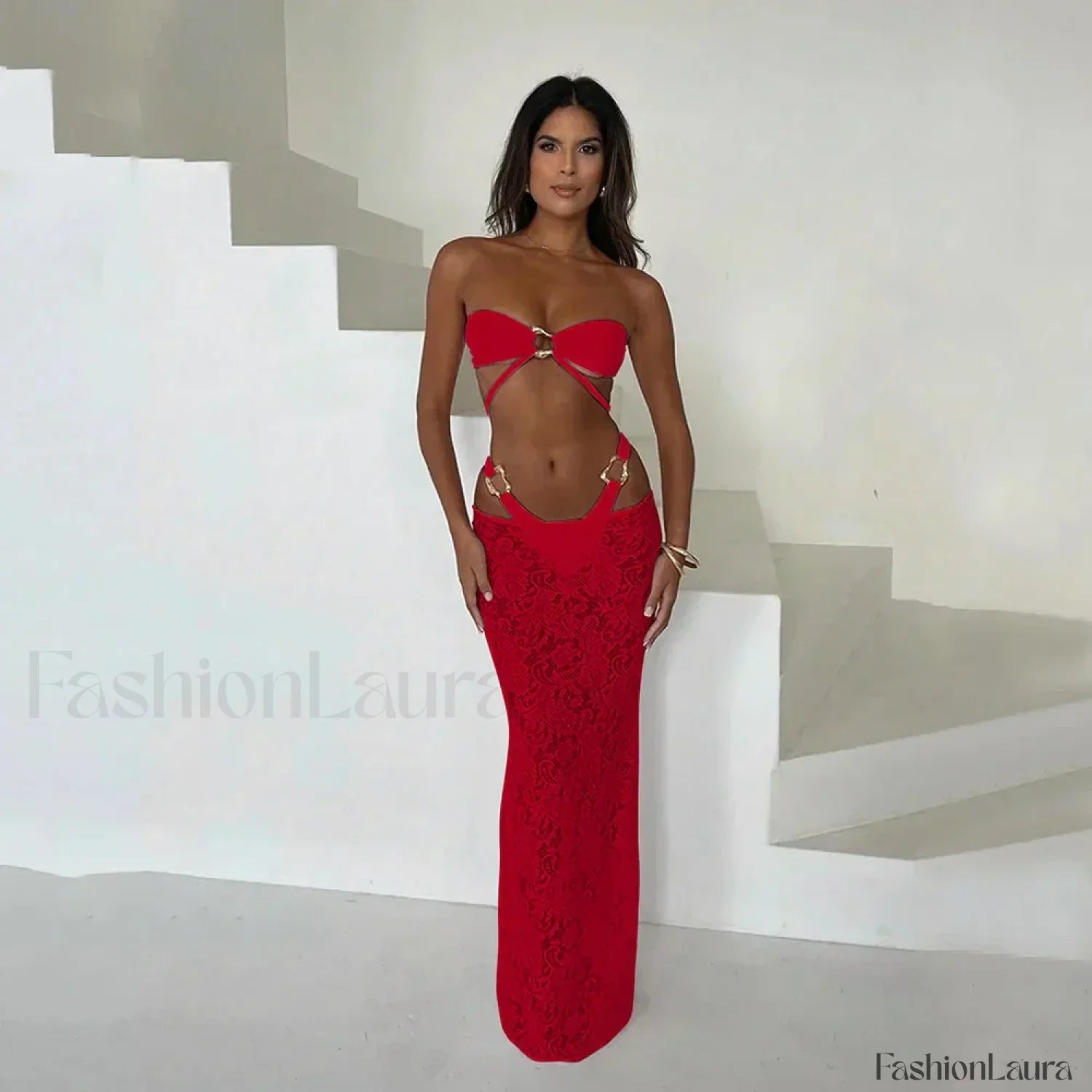 Bandeau Long Dress Bikini Three Piece Set