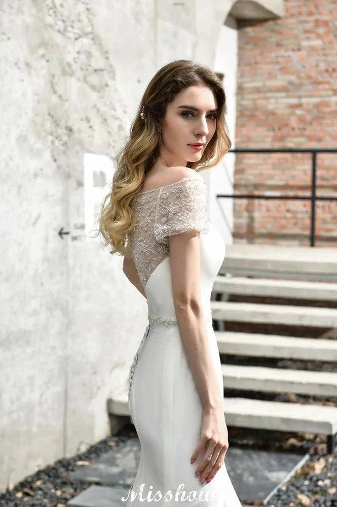 Bateau Short Sleeve Slim Mermaid Wedding Gown Satin Bridal Gown Sweep/Trump Train (ZD13963)