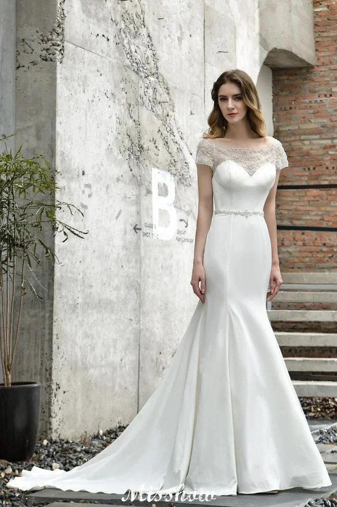 Bateau Short Sleeve Slim Mermaid Wedding Gown Satin Bridal Gown Sweep/Trump Train by misshow.com