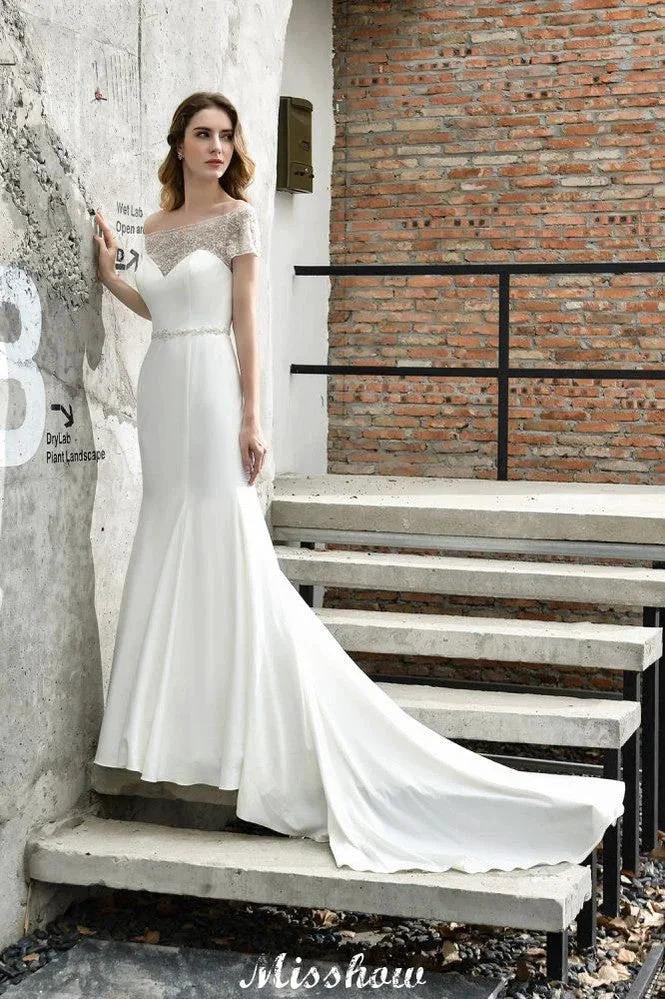 Bateau Short Sleeve Slim Mermaid Wedding Gown Satin Bridal Gown Sweep/Trump Train (ZD13963)