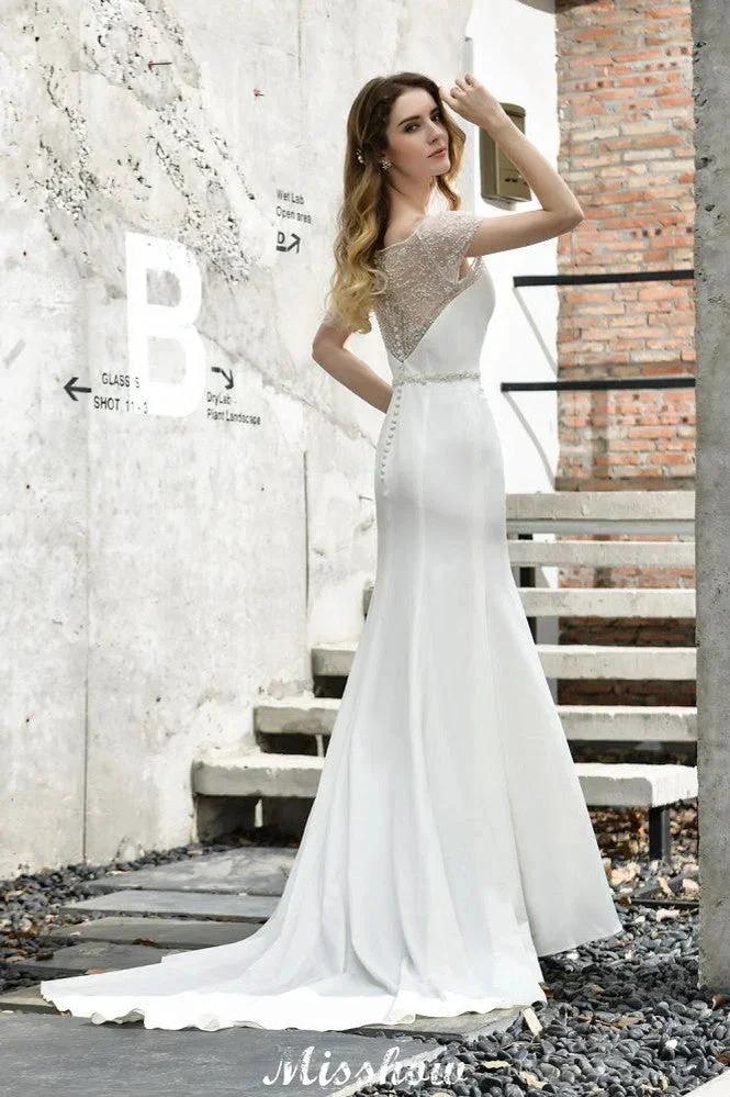 Bateau Short Sleeve Slim Mermaid Wedding Gown Satin Bridal Gown Sweep/Trump Train (ZD13963)