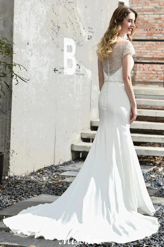 Bateau Short Sleeve Slim Mermaid Wedding Gown Satin Bridal Gown Sweep/Trump Train (ZD13963)
