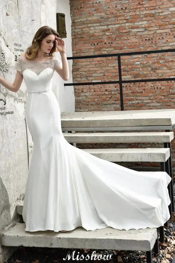 Bateau Short Sleeve Slim Mermaid Wedding Gown Satin Bridal Gown Sweep/Trump Train (ZD13963)