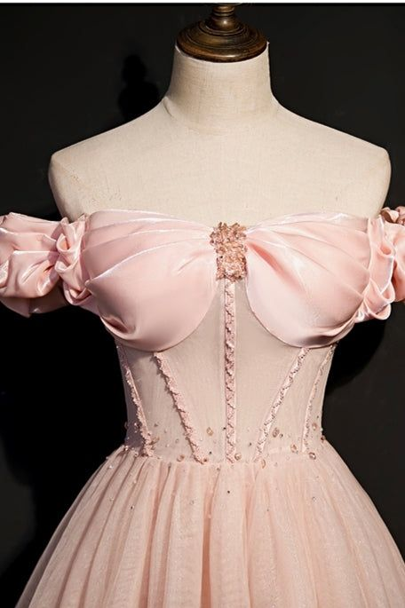 Lovely Pink Off-the-Shoulder Tulle Beading Prom Dress A-Line Party Evening Dress - View 2 | FashionDia