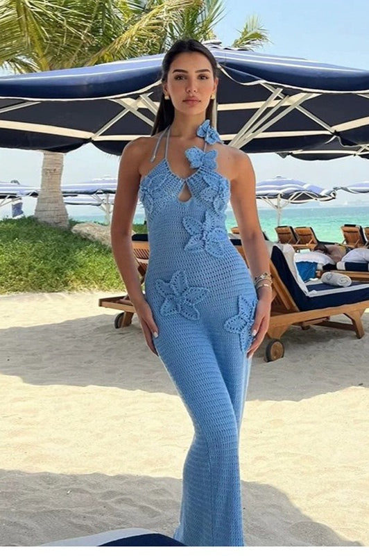 Cut-Out Halter Appliqu� Fitted Bodycon Maxi Sweater Dress - View 5 | VelvetHem