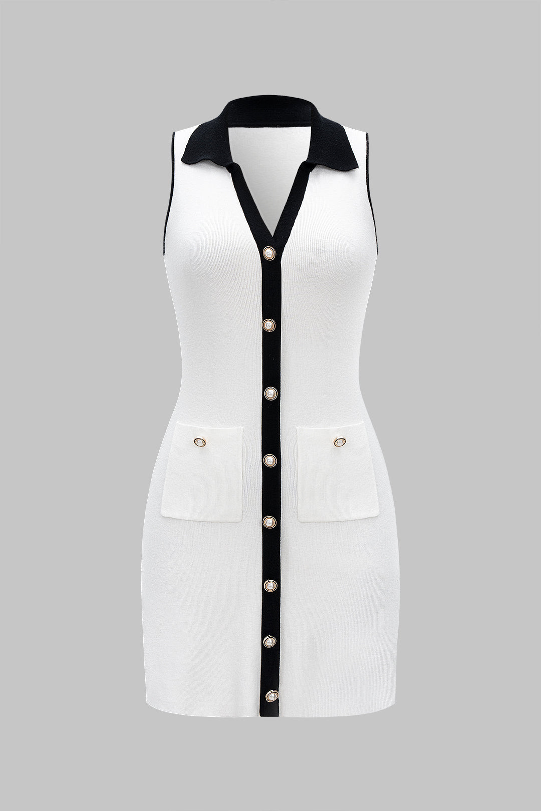 Knit V Neck Contrast Button Sleeveless Pocket Dress