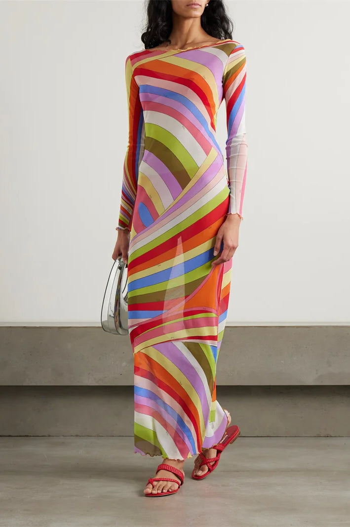 Striped Print Mesh See Through Patchwork Maxi Dress