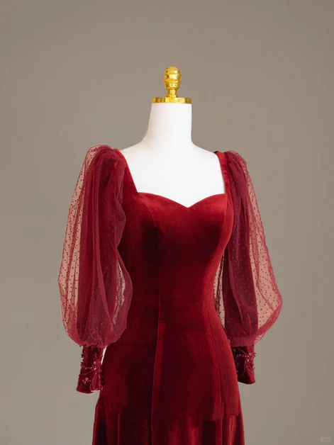 Elegant Burgundy Velvet Long Prom Dress, Puffy Sleeves Wedding Party Dress - View 2 | FashionDia