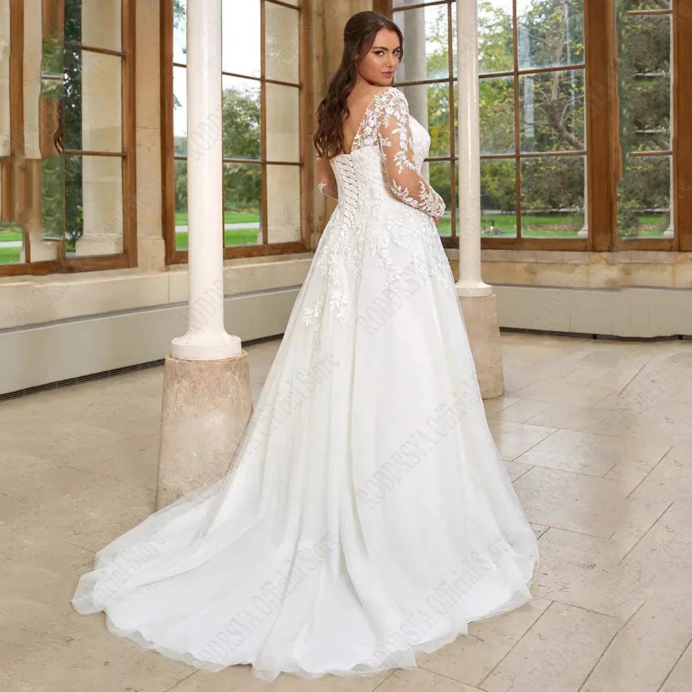 Pastrol Wedding Dresses Plus Size Long Sleeves Lace Up Bride Gowns Applique A-Line Tulle V-Neck vestido de noiva (ZD13451)