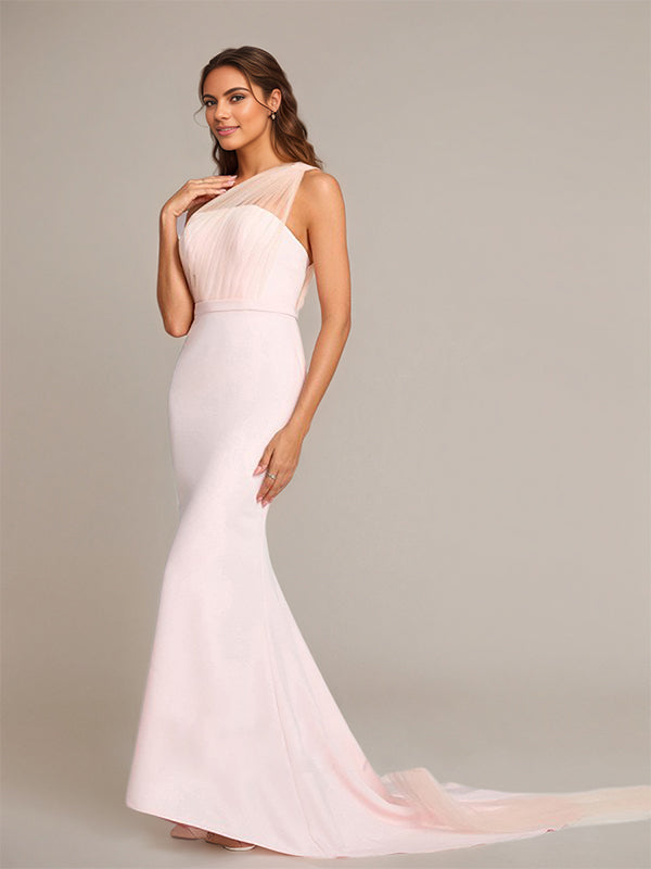 Blushing Pink Sheath/Column One-Shoulder Floor-Length Sleeveless Stretch Crepe Bridesmaid Dress - View 3 | FashionDia