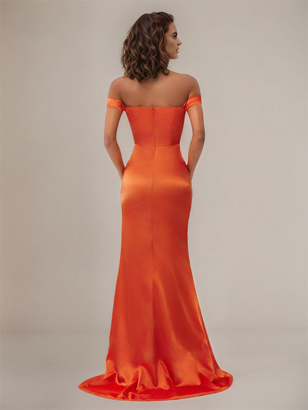Sheath/Column Off-the-Shoulder Sleeveless Floor-Length Satin Bridesmaid Dress - View 2 | FashionDia