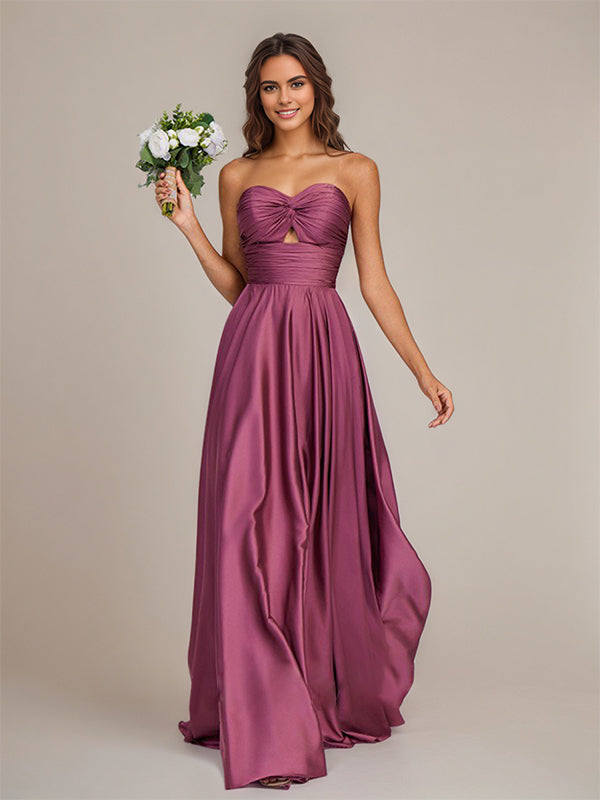 Orchid Satin A-Line Sweetheart Floor-Length Sleeveless Bridesmaid Dress - View 3 | FashionDia