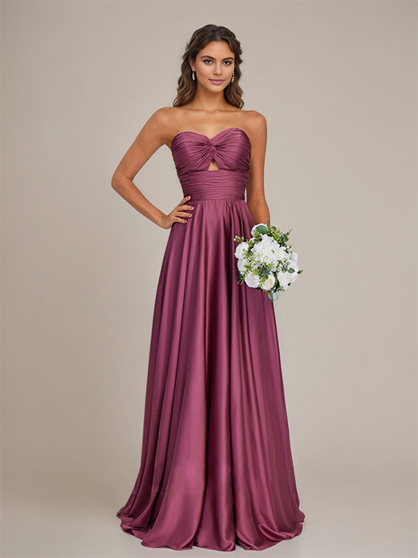 Orchid Satin A-Line Sweetheart Floor-Length Sleeveless Bridesmaid Dress - FashionDia