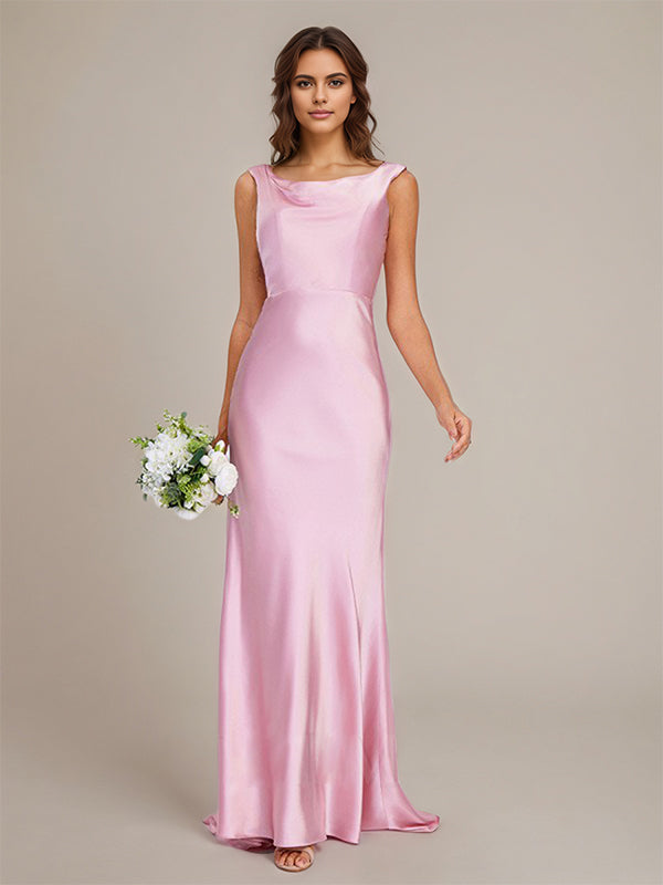 Candy Pink Satin Sheath/Column Boat Neck Floor-Length Sleeveless Bridesmaid Dress With Bow