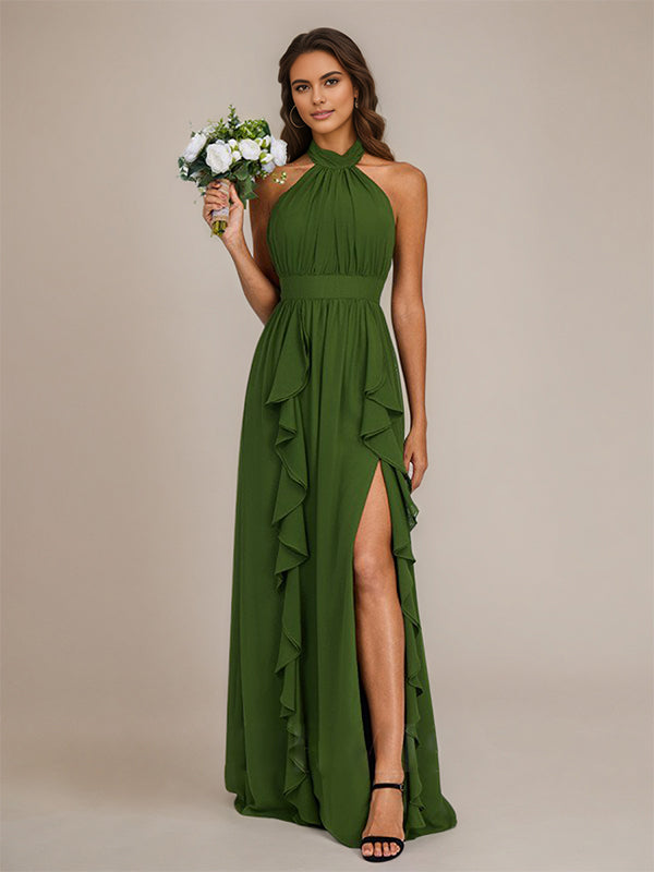 Olive Chiffon A-Line Halter Neck Floor-Length Sleeveless Bridesmaid Dress With Ruffles - FashionDia