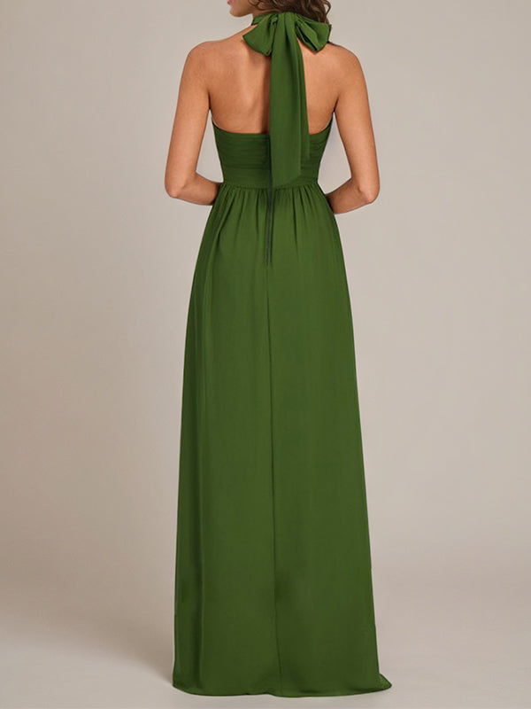Olive Chiffon A-Line Halter Neck Floor-Length Sleeveless Bridesmaid Dress With Ruffles - View 2 | FashionDia