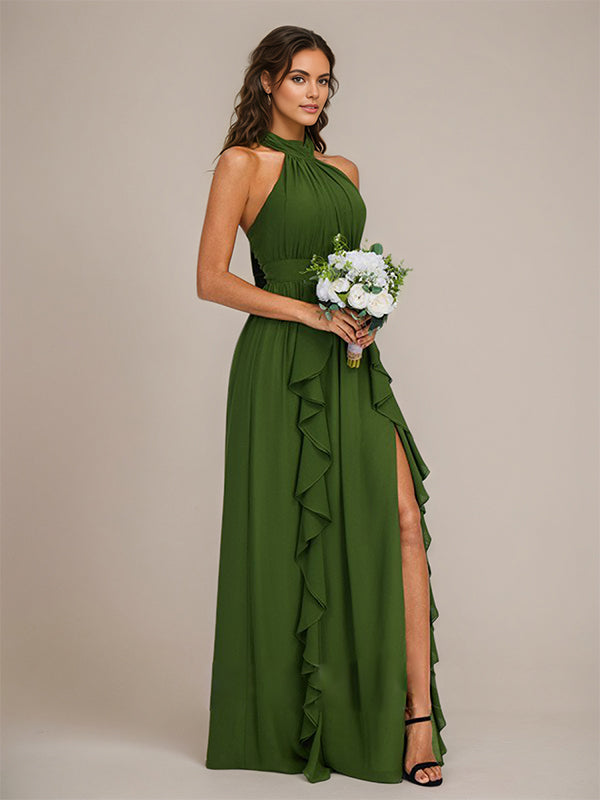 Olive Chiffon A-Line Halter Neck Floor-Length Sleeveless Bridesmaid Dress With Ruffles - View 3 | FashionDia
