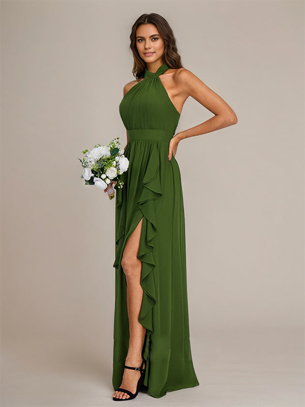 Olive Chiffon A-Line Halter Neck Floor-Length Sleeveless Bridesmaid Dress With Ruffles - View 4 | FashionDia