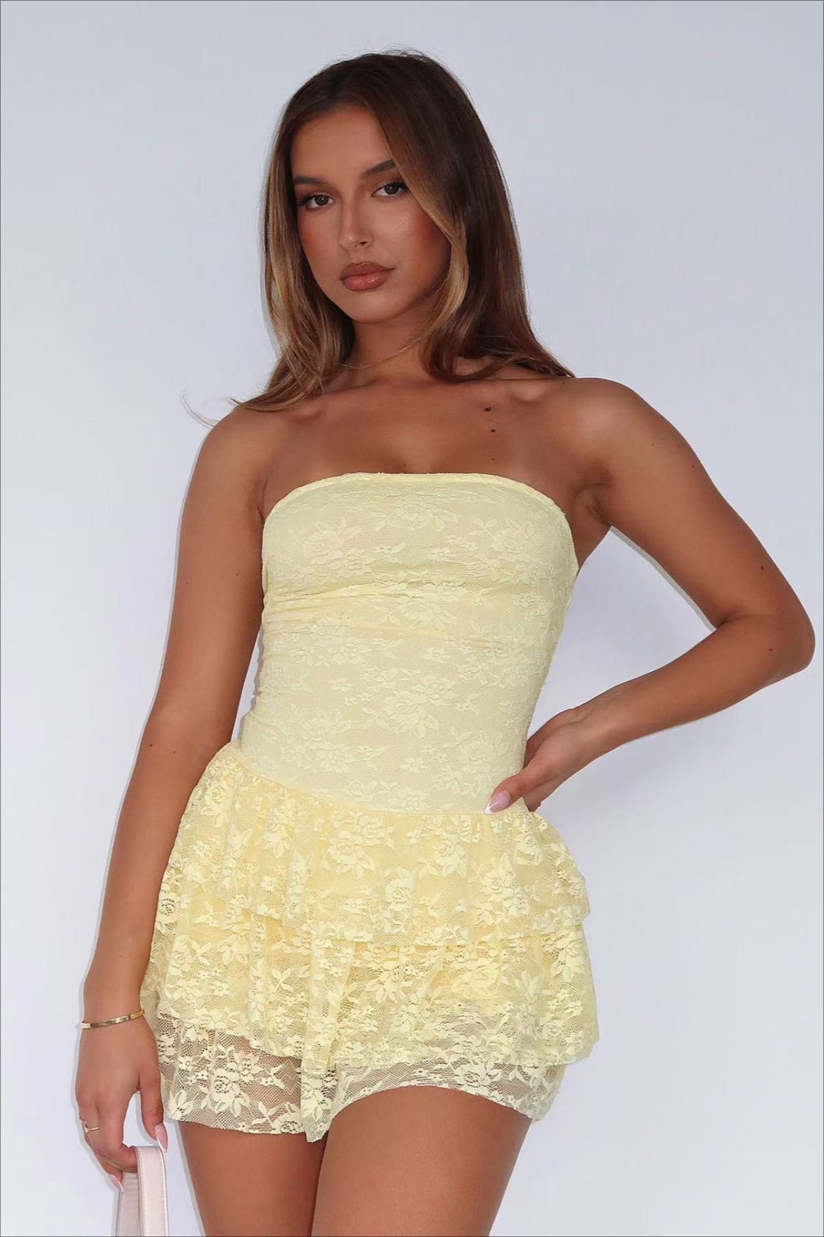 Strapless Waist Tie Lace Dress - VelvetHem