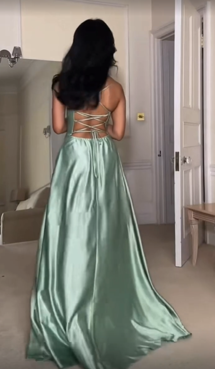 Sexy Slit Satin Evening Dress Spaghetti Straps A-Line Prom Dress - View 3 | FashionDia