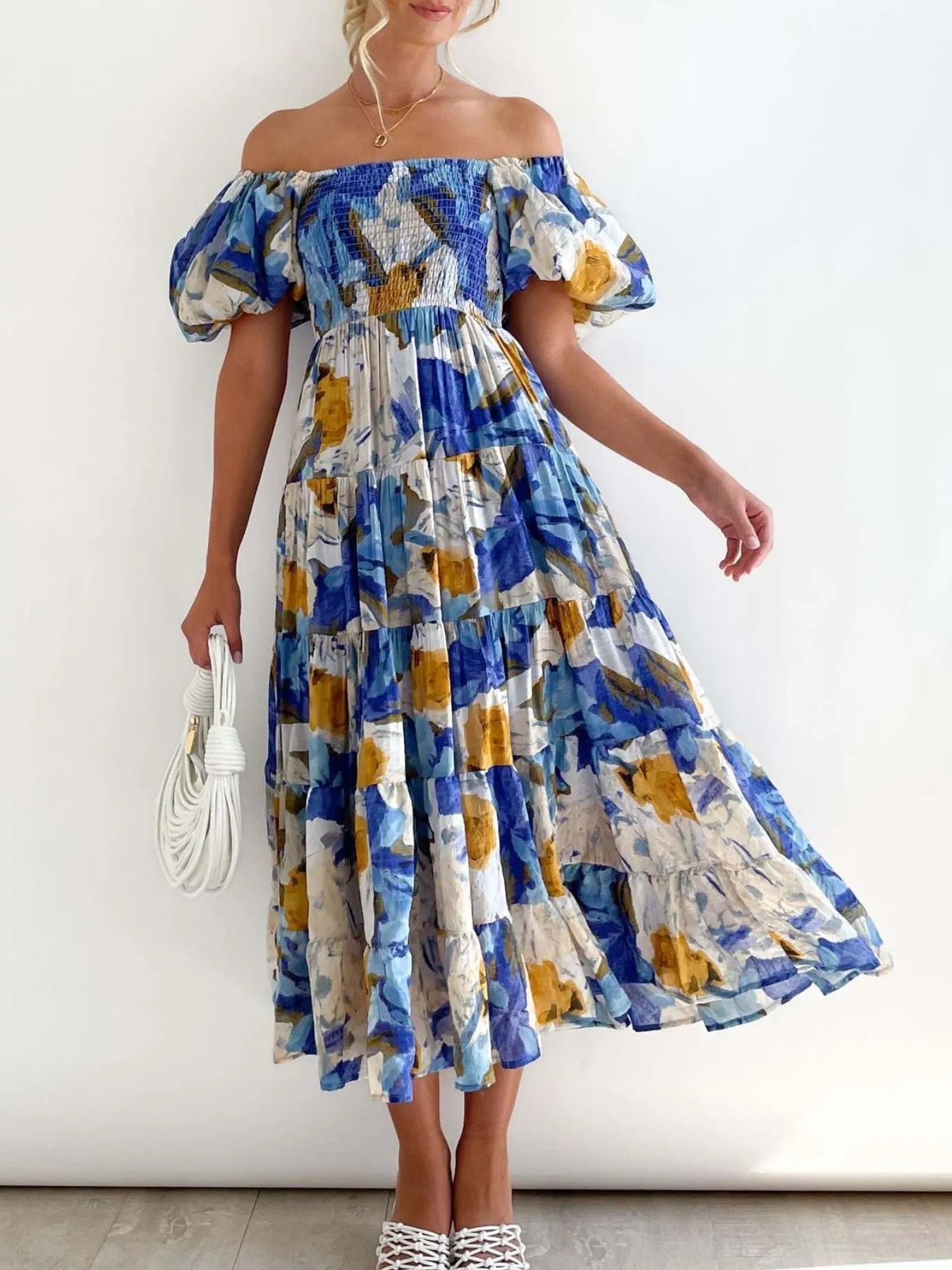 Ersilia Premium Dress with Puff Sleeves and Floral Print Chic Silhouette Collection